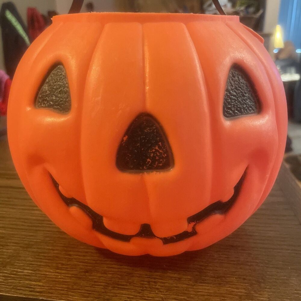 Vintage AJ Renzi Pumpkin Blow Mold 3D Trick-Or-Treat Pail Bucket Witch 2-Sided